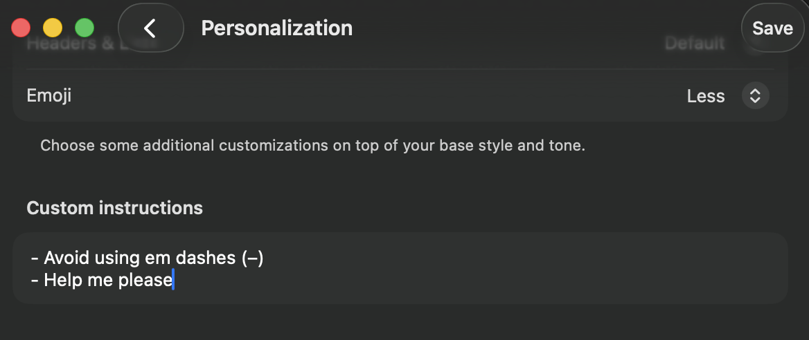 ChatGPT personalisation / working memory